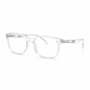 Transparent square eyeglasses frames with clear lenses and a small yellow logo on the temple arm, shown on a white background.