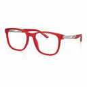 Red square eyeglasses with clear lenses and silver metal temples, shown on a clean white background.