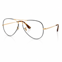 A pair of aviator-style eyeglasses with a gold-tone metal frame, black upper brow bar, and tortoiseshell temple tips, shown on a clean white background with a soft reflection.