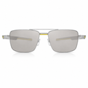 A pair of square aviator-style sunglasses with a silver metal frame, silver mirrored lenses, and a thin yellow accent bar across the bridge.