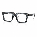 A pair of chunky square eyeglasses with a black and gray marbled acetate frame, shown on a clean white background with a subtle reflection.