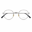 Round metal eyeglasses with thin silver rims, a double bridge, clear lenses, and black temple arms with small gold accents, shown on a white background.