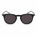 Front angle of black framed sunglasses with dark tinted lenses on a white background. 