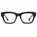 Front angle of black framed eyeglasses on a white background. 