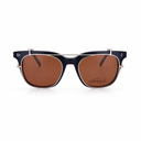 A pair of sunglasses with dark navy blue acetate frames, brown lenses, and silver metal hardware, shown against a plain white background.