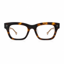 Front angle of tortoiseshell framed eyeglasses on a white background. 