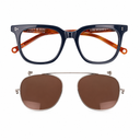 Navy framed eyeglasses shown on a plain white background: top is a pair of thick navy and translucent orange-framed square glasses; bottom is a pair of aviator-style clip on with brown lenses and a thin silver metal bridge and rims.