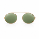 Gold framed sunglasses with green lenses on a white background. 