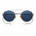 Sunglasses with double bridge and blue lenses on a white background.