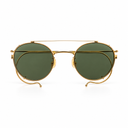 Round sunglasses with a gold-tone metal frame, double bridge, and dark green tinted lenses, shown against a plain white background.