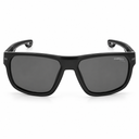 Black sunglasses with dark gray lenses, shown from the front on a white background. 
