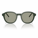 Oversized round sunglasses with a matte dark green frame and matching tinted lenses, shown against a clean white background with a soft reflection below.