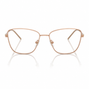 Metal eyeglass frames in a warm rose gold finish, shown from the front on a clean white background with a soft reflection below.