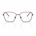 A pair of metal eyeglasses with a thin frame in a deep burgundy or maroon color, shown against a plain white background with a soft reflection below.