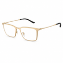 A pair of metal eyeglasses with a slim, rectangular gold-tone frame and black temple tips, shown on a plain white background.