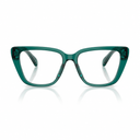A pair of translucent teal green cat-eye eyeglasses with clear lenses, displayed on a clean white background with a soft reflection underneath.