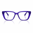 A pair of chunky, oversized square eyeglasses frames in translucent purple acetate, shown against a solid white background with a soft reflection below.