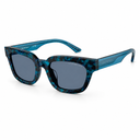 A pair of square sunglasses with a blue and black tortoiseshell patterned frame and blue lenses, shown on a clean white background.