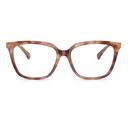 A pair of chunky square eyeglasses with a brown and pink tortoiseshell acetate frame, shown against a plain white background.
