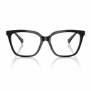Black cat-eye eyeglasses with clear lenses, shown from the front on a white background with a soft reflection below.
