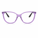A pair of chunky, oversized cat-eye eyeglasses with a translucent purple acetate frame and black temple tips, shown against a plain white background.