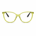 A pair of oversized cat-eye eyeglasses with a translucent lime green acetate frame and black temple tips, shown against a plain white background.