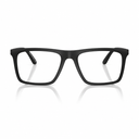 Matte black square eyeglasses with clear lenses, shown from the front on a white background with a soft reflection below.