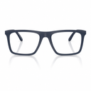 Matte dark blue-gray rectangular eyeglasses frames with clear lenses, shown from the front on a white background with a soft reflection below.