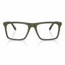 Matte olive green eyeglass frames with a thick square shape and clear lenses, shown against a white background with a soft reflection below.