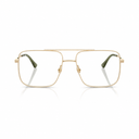 A pair of square aviator-style eyeglasses with a thin gold metal frame and olive green temple tips, shown on a clean white background with a subtle reflection.