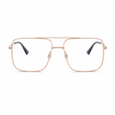 A pair of square aviator-style eyeglasses with a thin rose gold metal frame, clear lenses, and dark gray temple tips, shown against a plain white background.