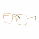 Gold metal aviator-style eyeglasses with clear lenses and olive green temple tips, shown on a clean white background.