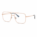A pair of square aviator-style eyeglasses with a slim rose gold metal frame, clear lenses, and dark blue temple tips, shown on a plain white background.