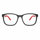 Matte black rectangular eyeglasses with red temple tips, shown from the front on a white background.