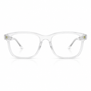 Clear transparent acetate eyeglass frames with square rounded corners and thin temples, shown on a white background.
