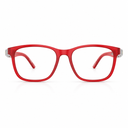 Red rectangular eyeglasses with clear lenses and silver metal temples, shown from the front on a white background.