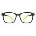 Black rectangular eyeglasses with bright yellow temple tips, shown from the front on a white background.