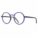 Round eyeglasses with purple frame and black arms on a white background