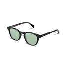 Black sunglasses with blue lenses on a white background