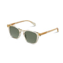 Sunglasses with gold/transparent  frame and green lenses on a white background