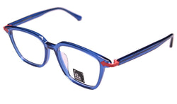 UnFramed! geometric blue glasses with red arrows