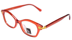 UnFramed! red cat-eye frames with yellow arrows