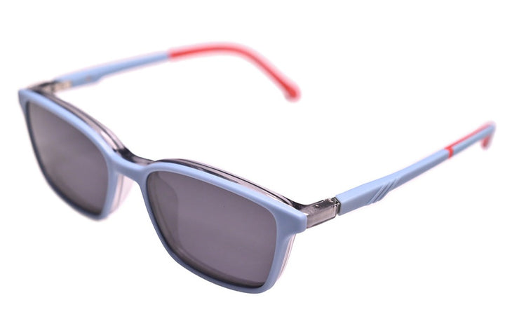 Framed! Gray frames with sky blue clip ons - side photo