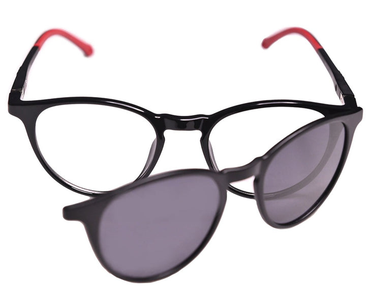 Framed! Round black and red clip on sunglasses - front photo