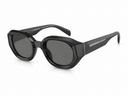 Black geometric-framed sunglasses on a white background. 