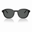 A pair of round-frame sunglasses with a glossy black acetate frame and dark gray lenses, shown from the front on a white background with a soft reflection below.