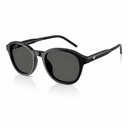 Black round-frame sunglasses with dark lenses and a small silver logo on the temple arm, shown on a clean white background.