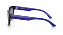 Side angle of dark colored sunglasses on a white background. 