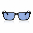Black square sunglasses with light blue lenses, shown from the front on a white background with a soft reflection below.