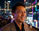 Man with john lennon glasses smiling in front of a cityscape at night